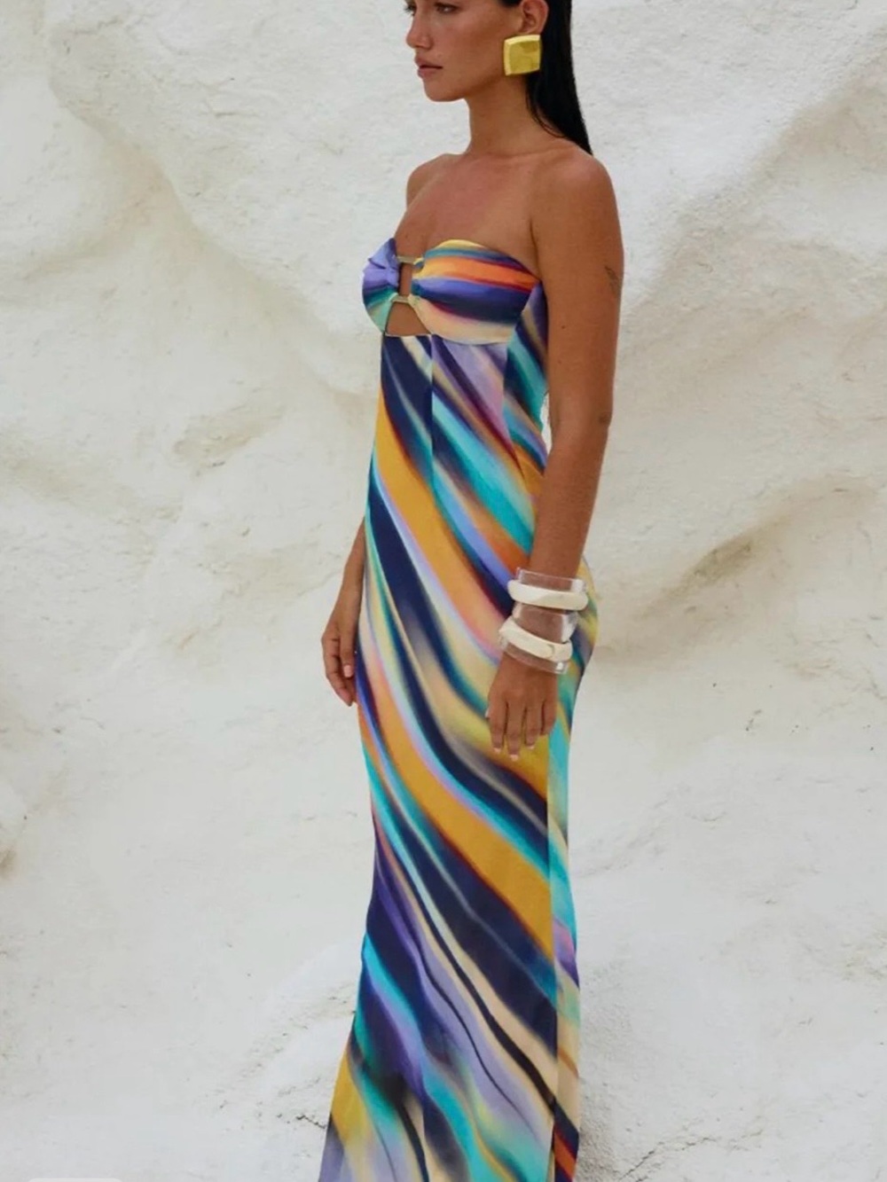 Strapless Multicolor Stripe Maxi Dress with Front Cutout